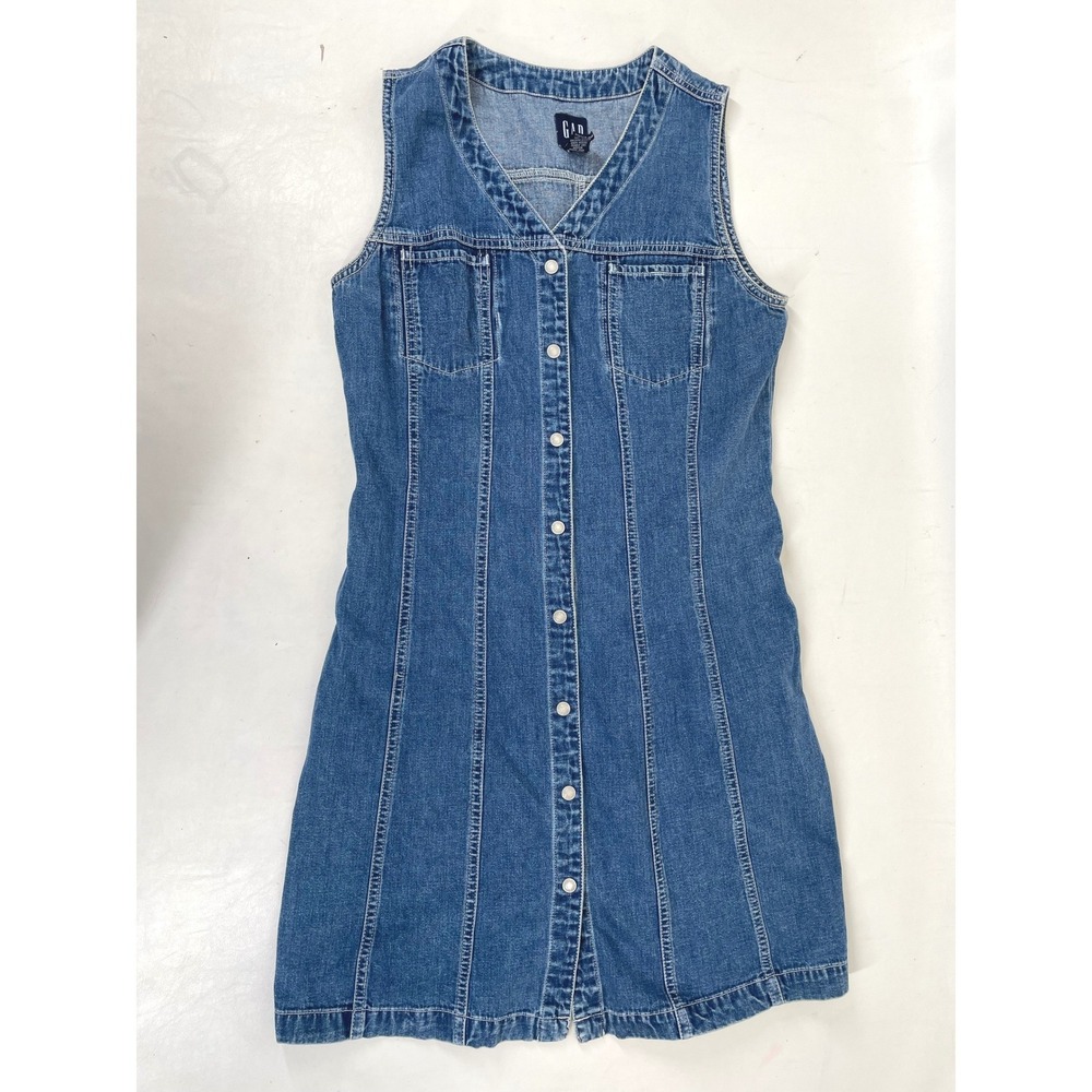 GAP Vintage Denim Mini Dress Medium Wash Blue Button Front Sleeveless V-Neck L